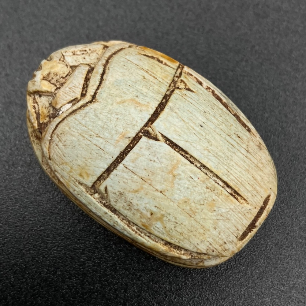 Egyptian Scarab Bead Faded Blue Faience Hieroglyphics Falcon Protective Amulet